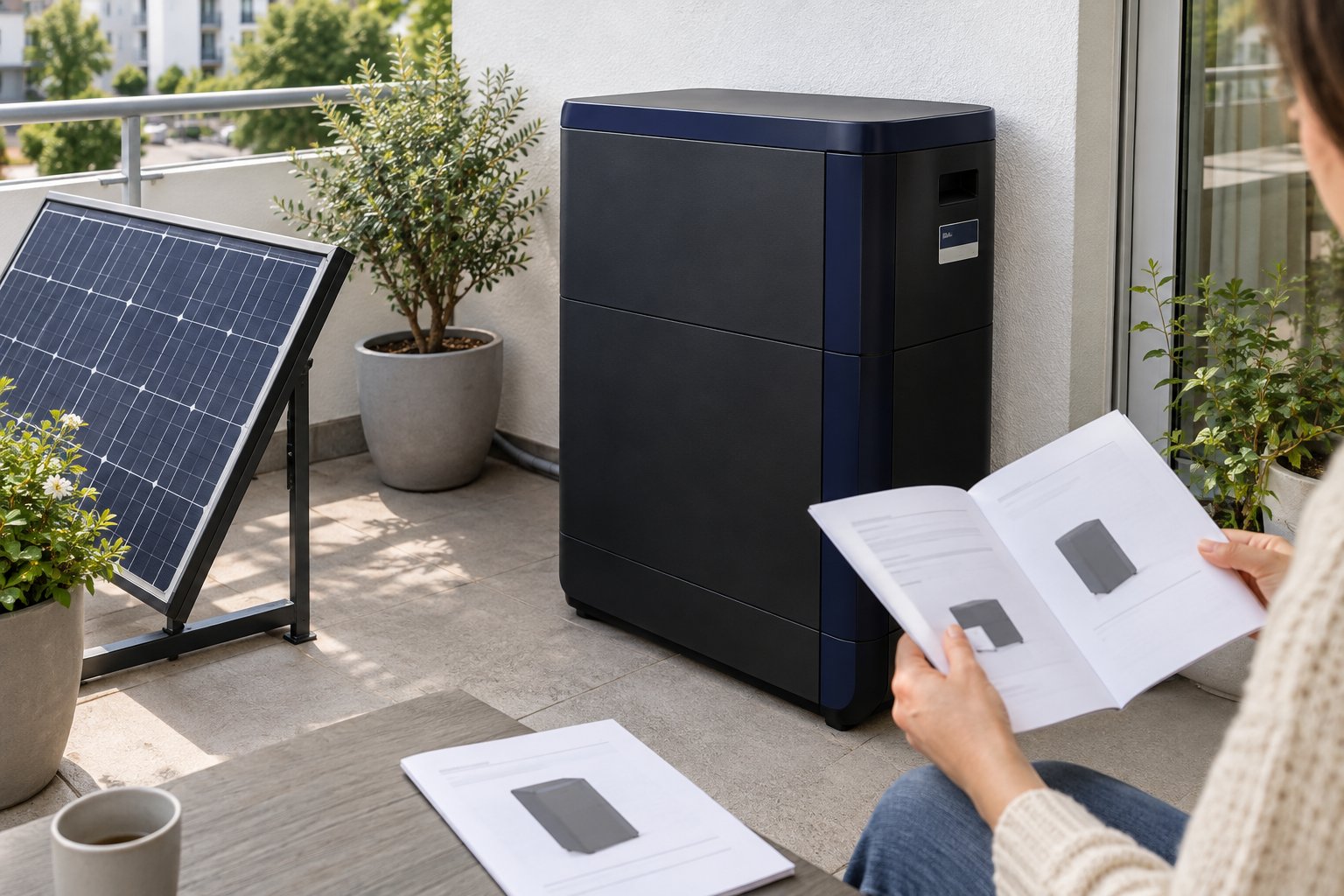 Person vergleicht die technischen Unterlagen eines Batteriespeichers