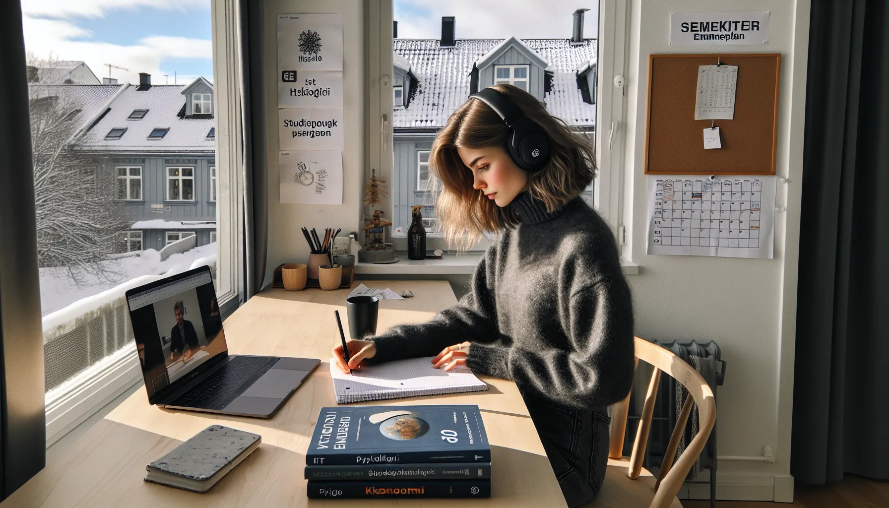 Norwegian student studying online with semester plan and textbooks at home.
