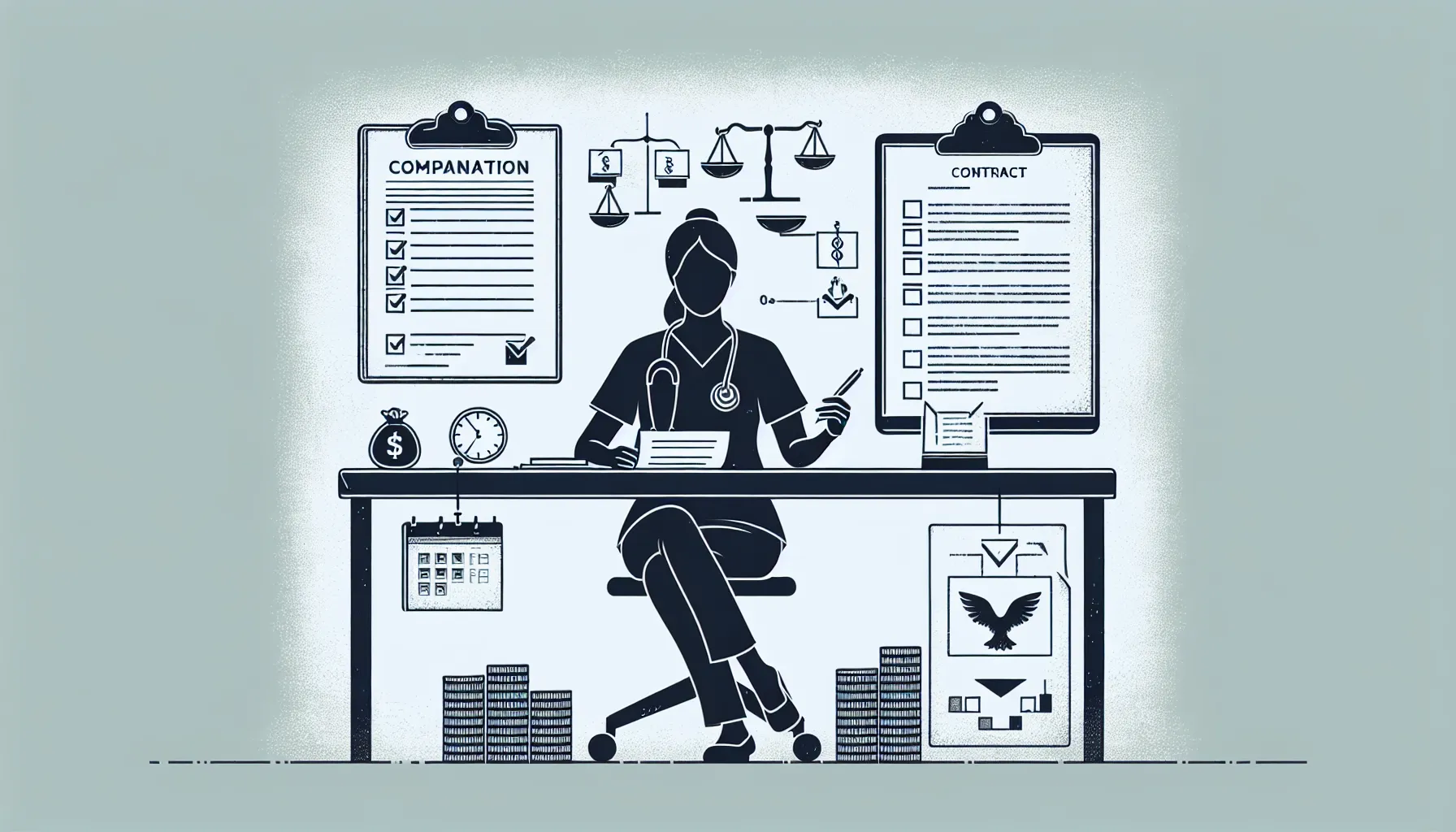 Veterinarian reviewing a compensation contract with icons for pay models and red flags.