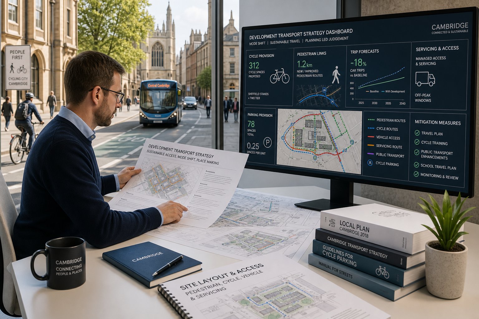 Traffic engineer reviewing Cambridge transport plans with cycling and bus-focused streets.