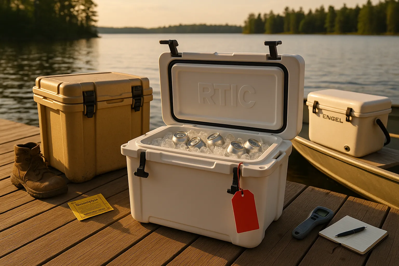 Three coolers on a lakeside dock showing value, toughness, and lightweight options.