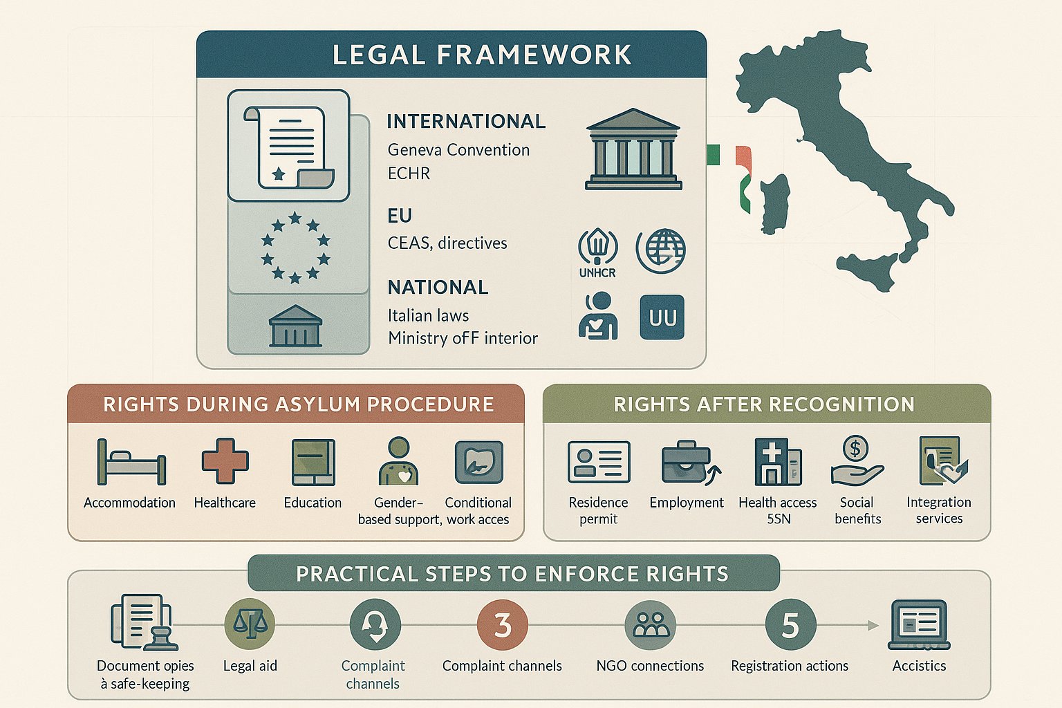 Infografica stratificata dei diritti legali dei rifugiati e dei passi in Italia.