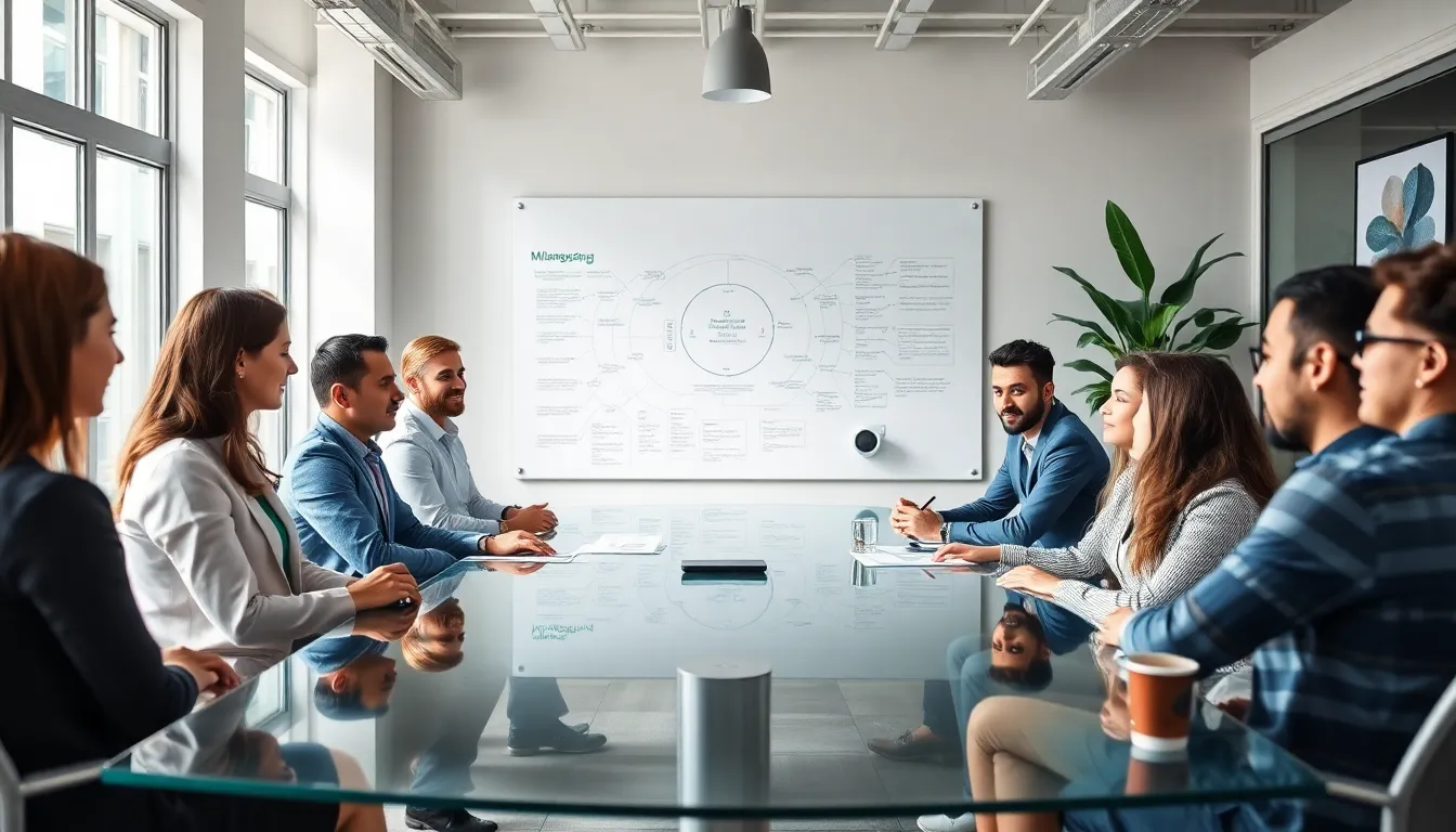 diverse team brainstorming in a modern office setting.