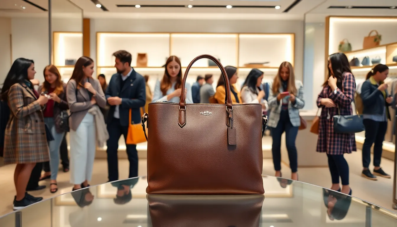 stylish Coach bag in a modern boutique with diverse shoppers.