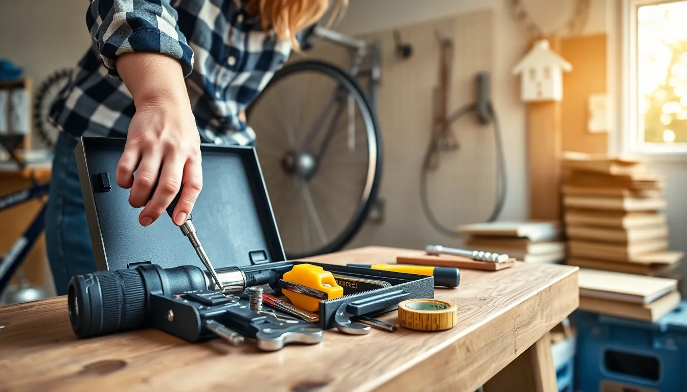 Homeowner reaching into a compact tool kit on a sunlit workbench.