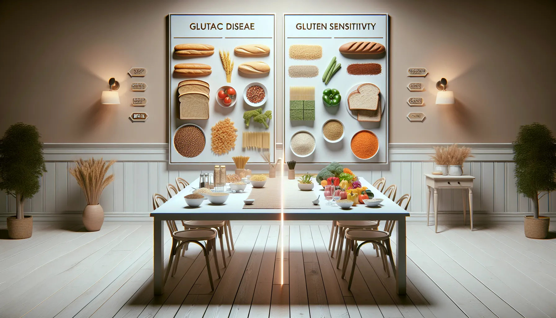 A comparative layout of gluten-containing and gluten-free foods on a kitchen table.