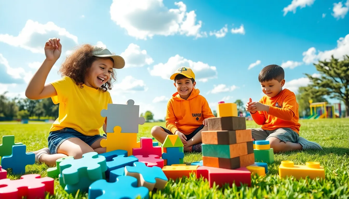 children playing imaginative games outdoors in a bright, colorful setting.