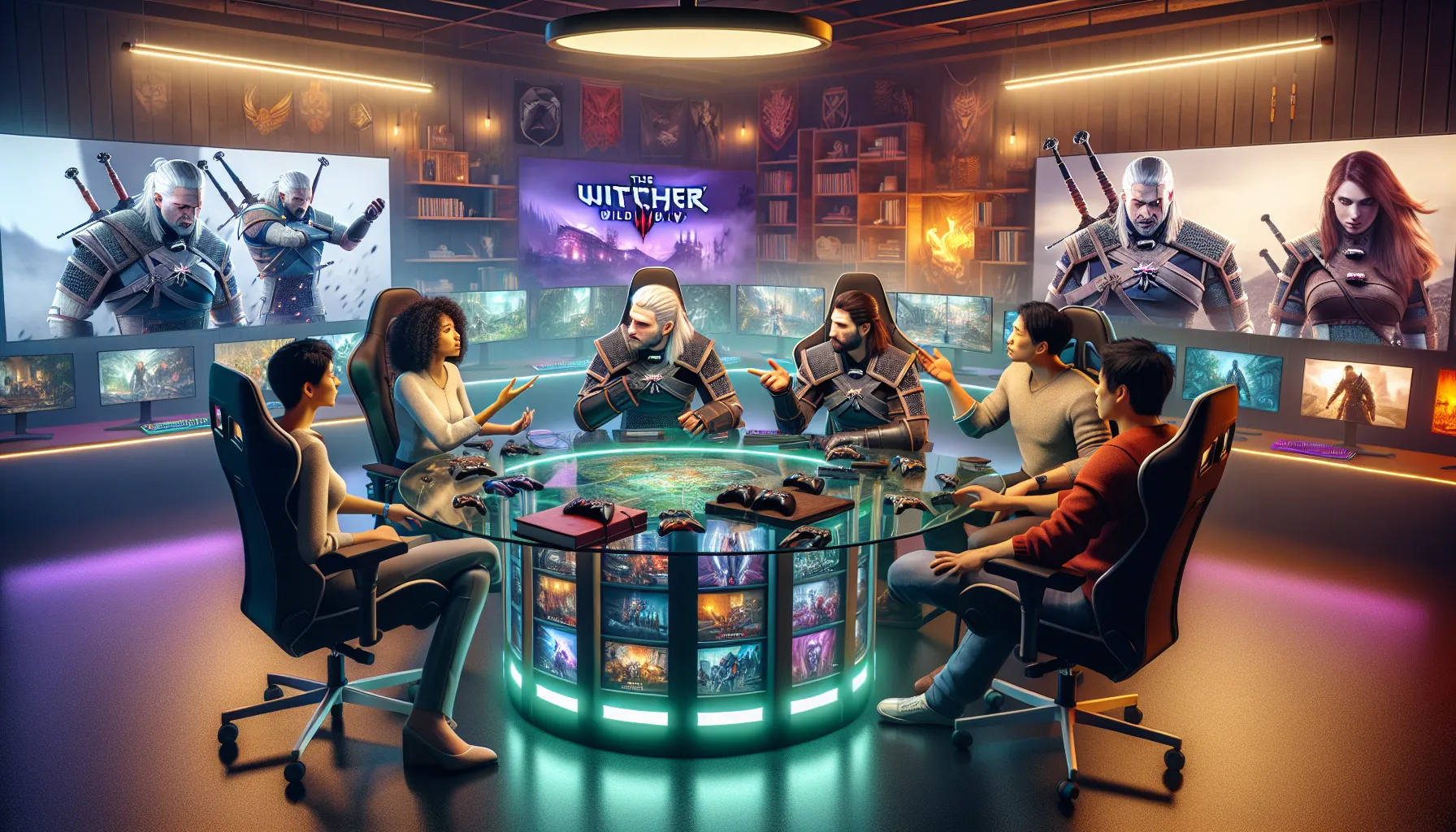 group of diverse gamers discussing Widdeadvi in a modern gaming room.