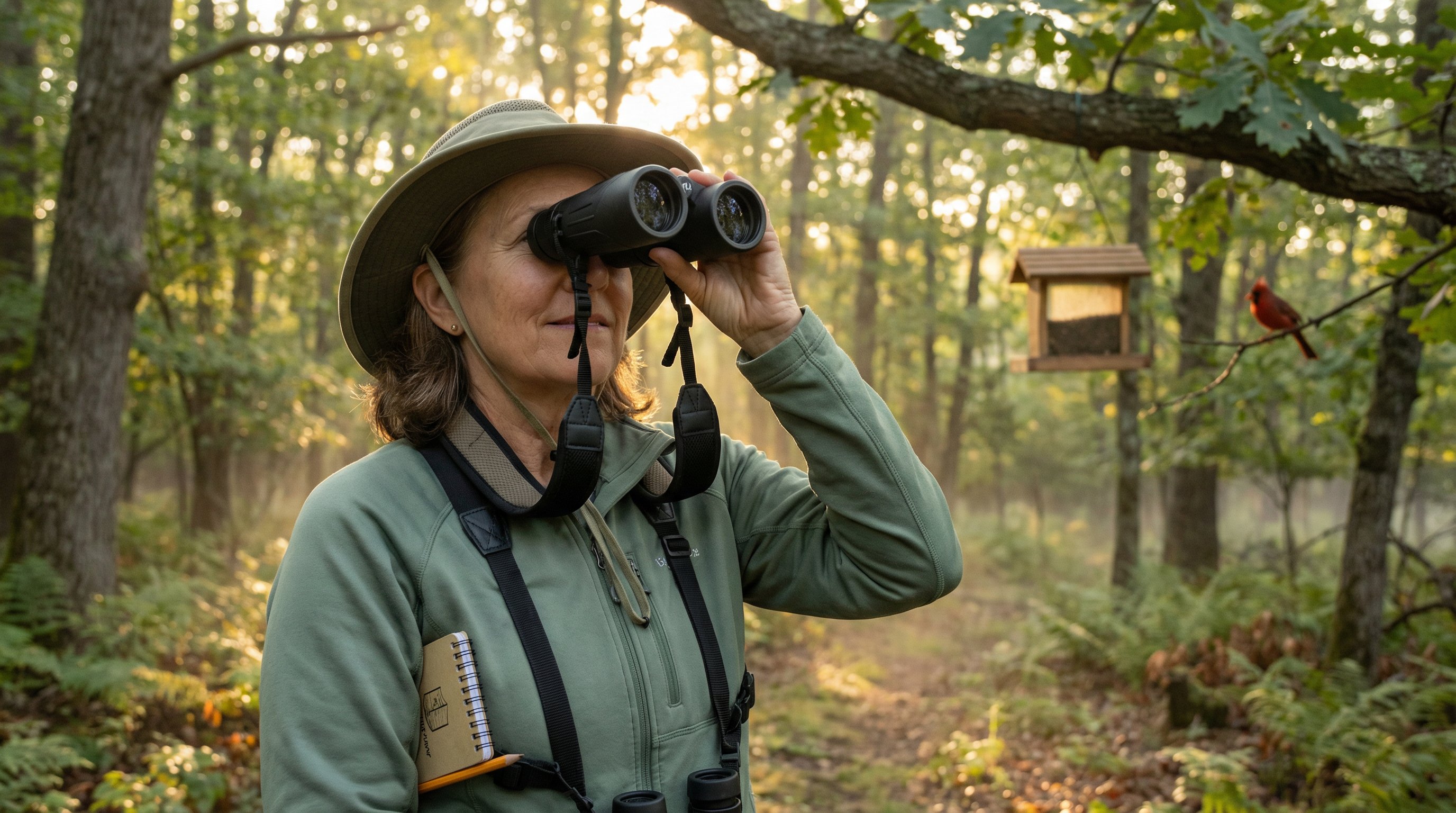 Woman using premium binoculars on a forest birding trail at sunrise.