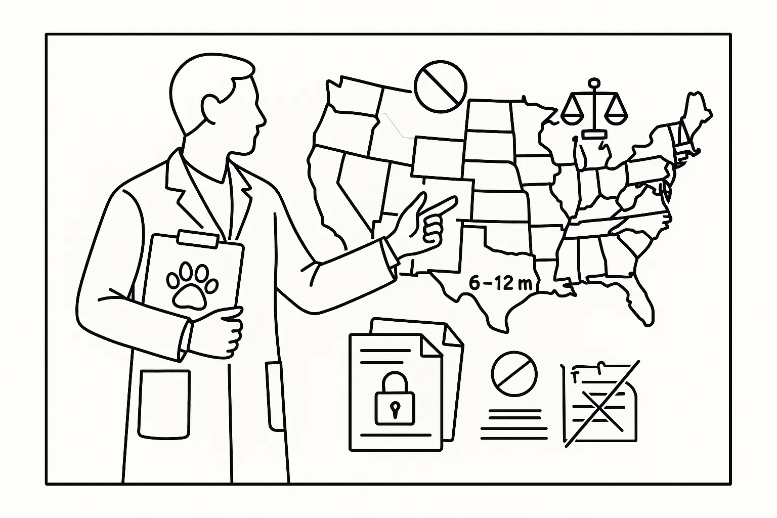 Line art vet pointing to US map showing states with bans and limits.