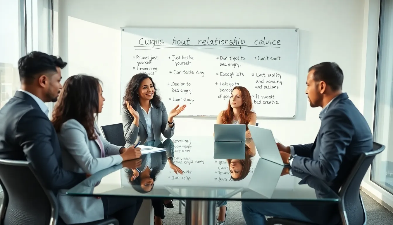 professionals discussing the complexities of cliché relationship advice.