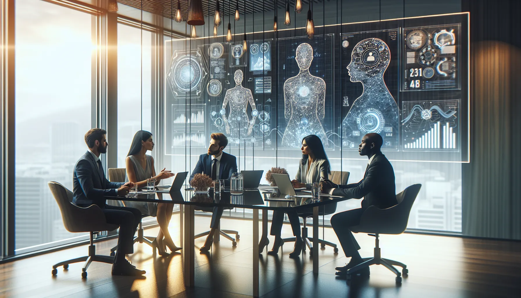 diverse team discussing innovations in a modern office setting.