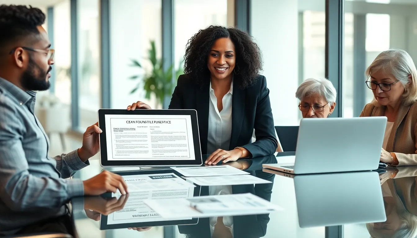 diverse real estate professionals discussing foundation title concepts in a modern office.
