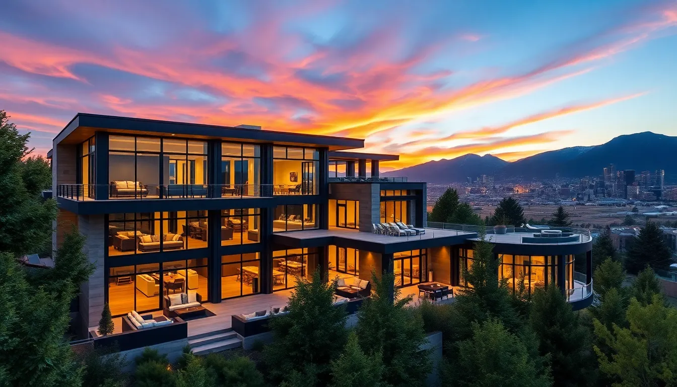 Luxury home with modern architecture and Denver skyline backdrop.