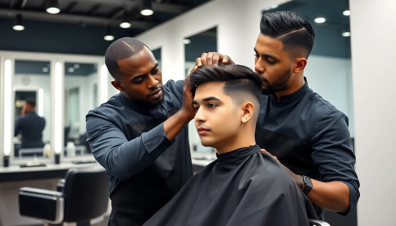 Barber giving a mid fade taper haircut to a client in a modern salon.