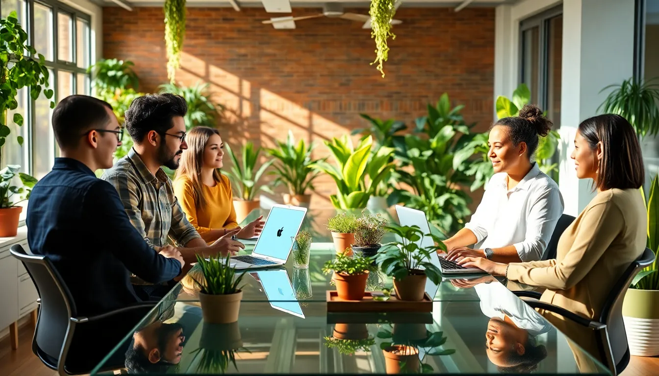 diverse team collaborating on sustainability initiatives in a modern office.