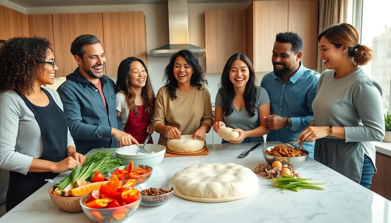 diverse group preparing Dyeowokopizz in a modern kitchen.