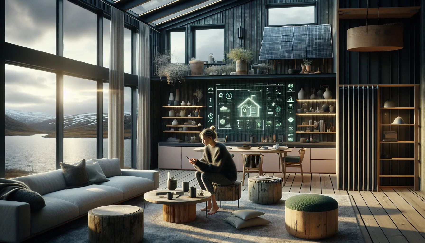 Norwegian homeowner using a smart app in a solar-powered, healthy, circular home.