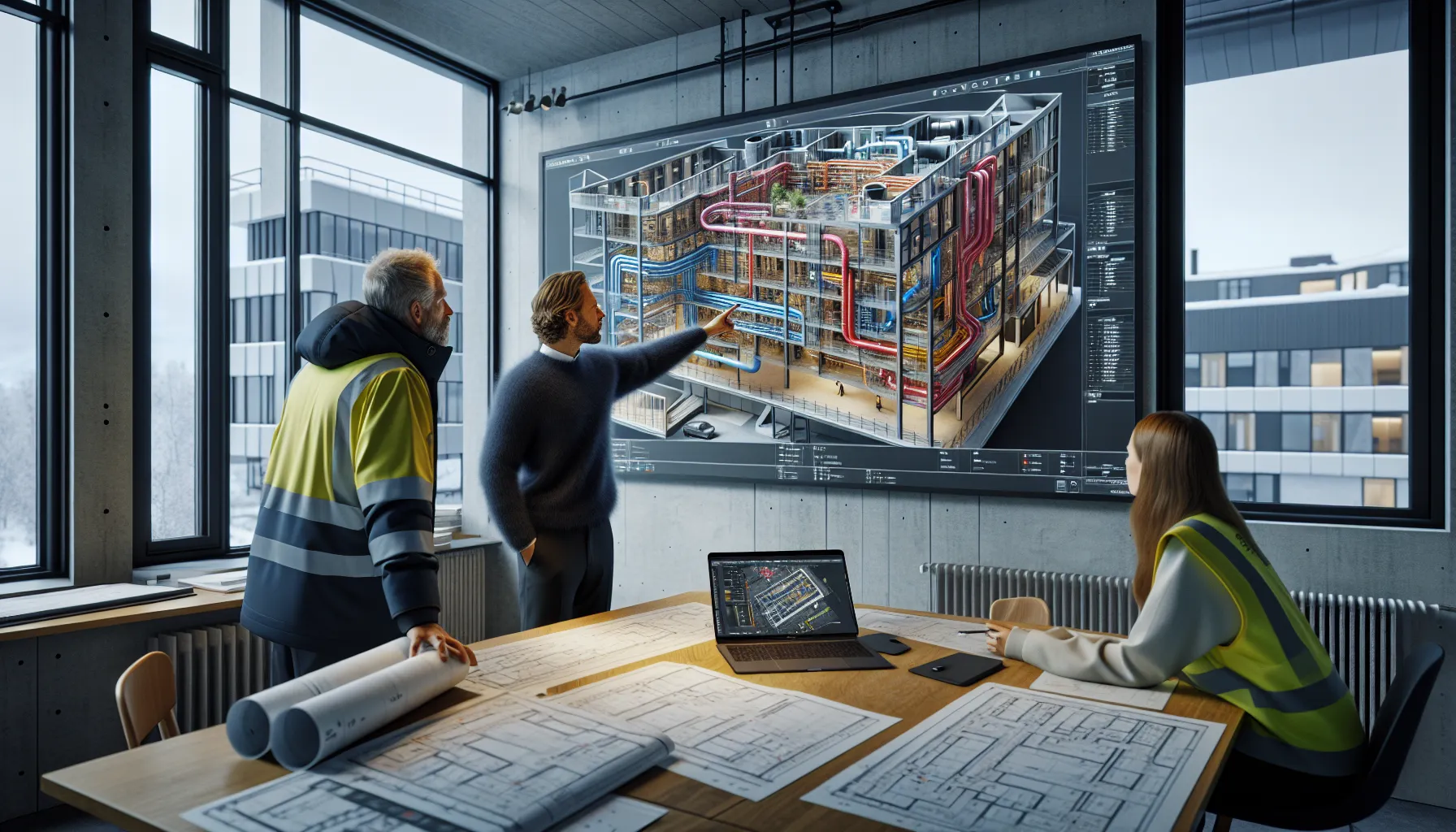Team reviews bim clash detection and schedule on screen in norwegian site office.