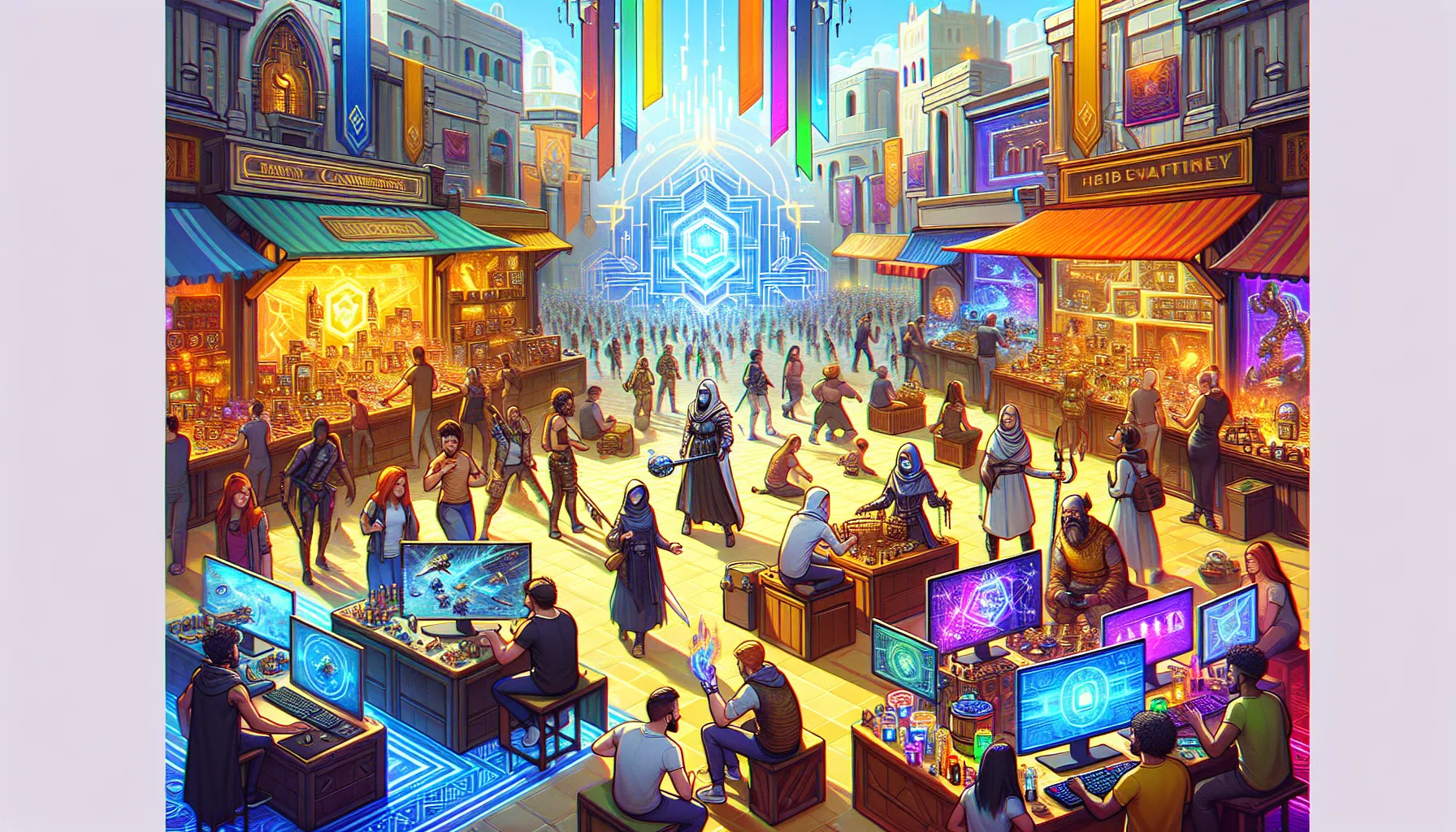 gamers trading items in a vibrant game marketplace.