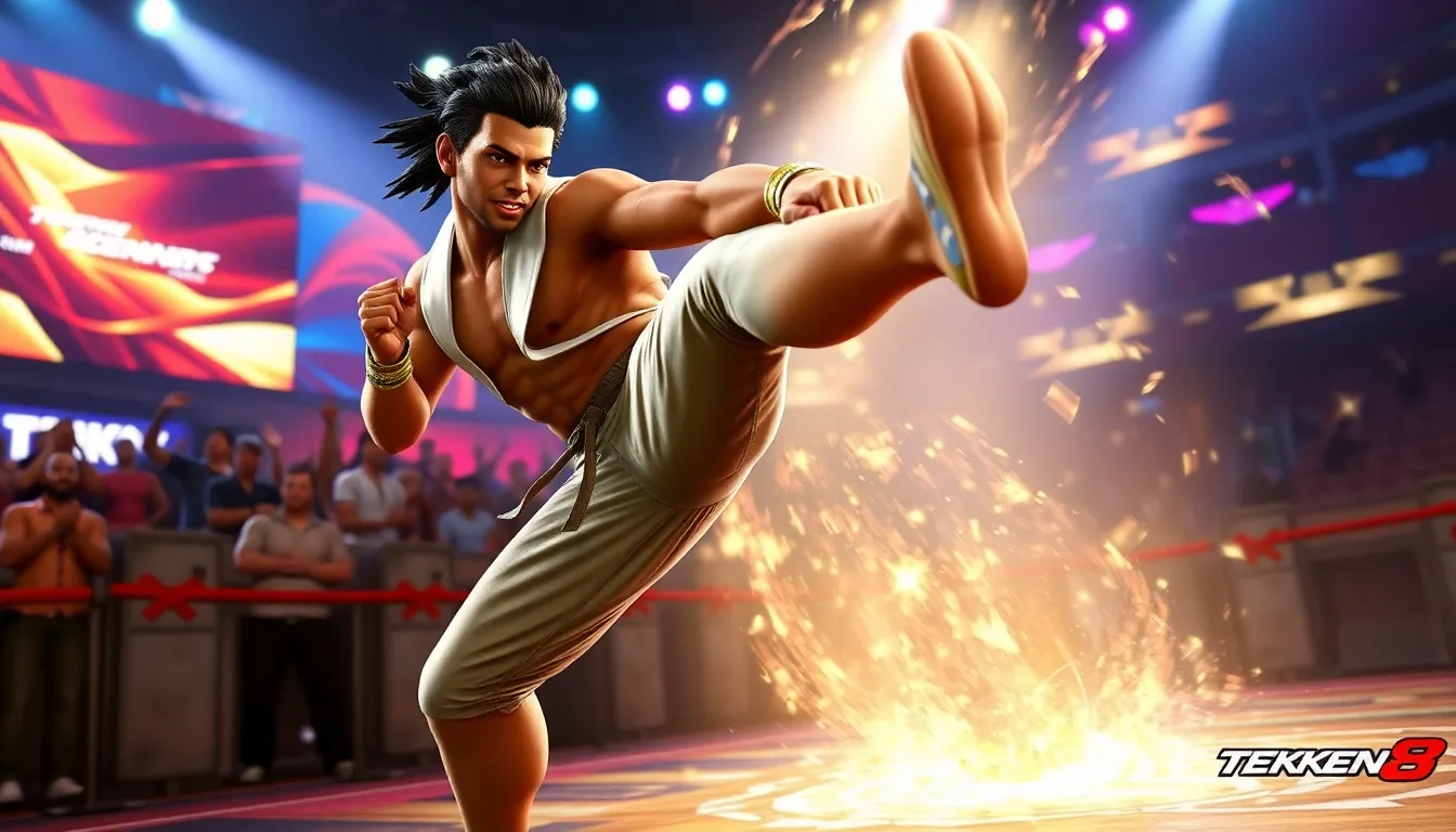 Eddy Gordo in an action pose from Tekken 8 in a vibrant arena.