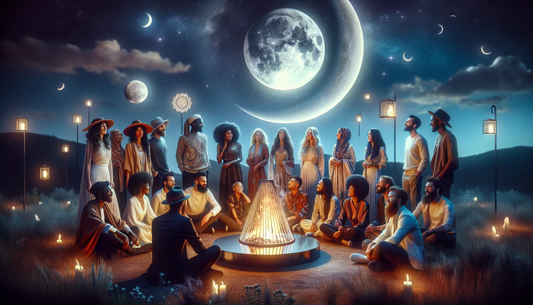 diverse group celebrating under a full moon at a nighttime gathering.