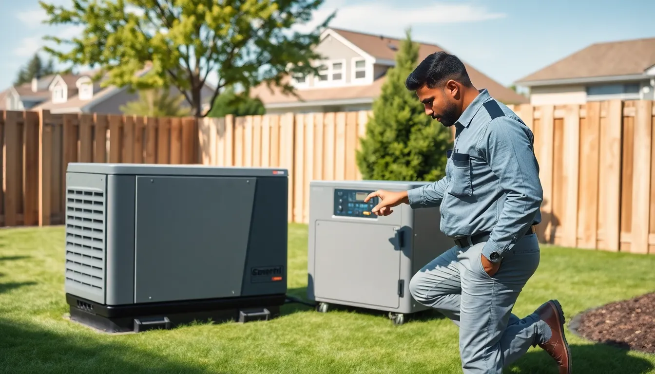 technician inspecting a whole home generator in a backyard.