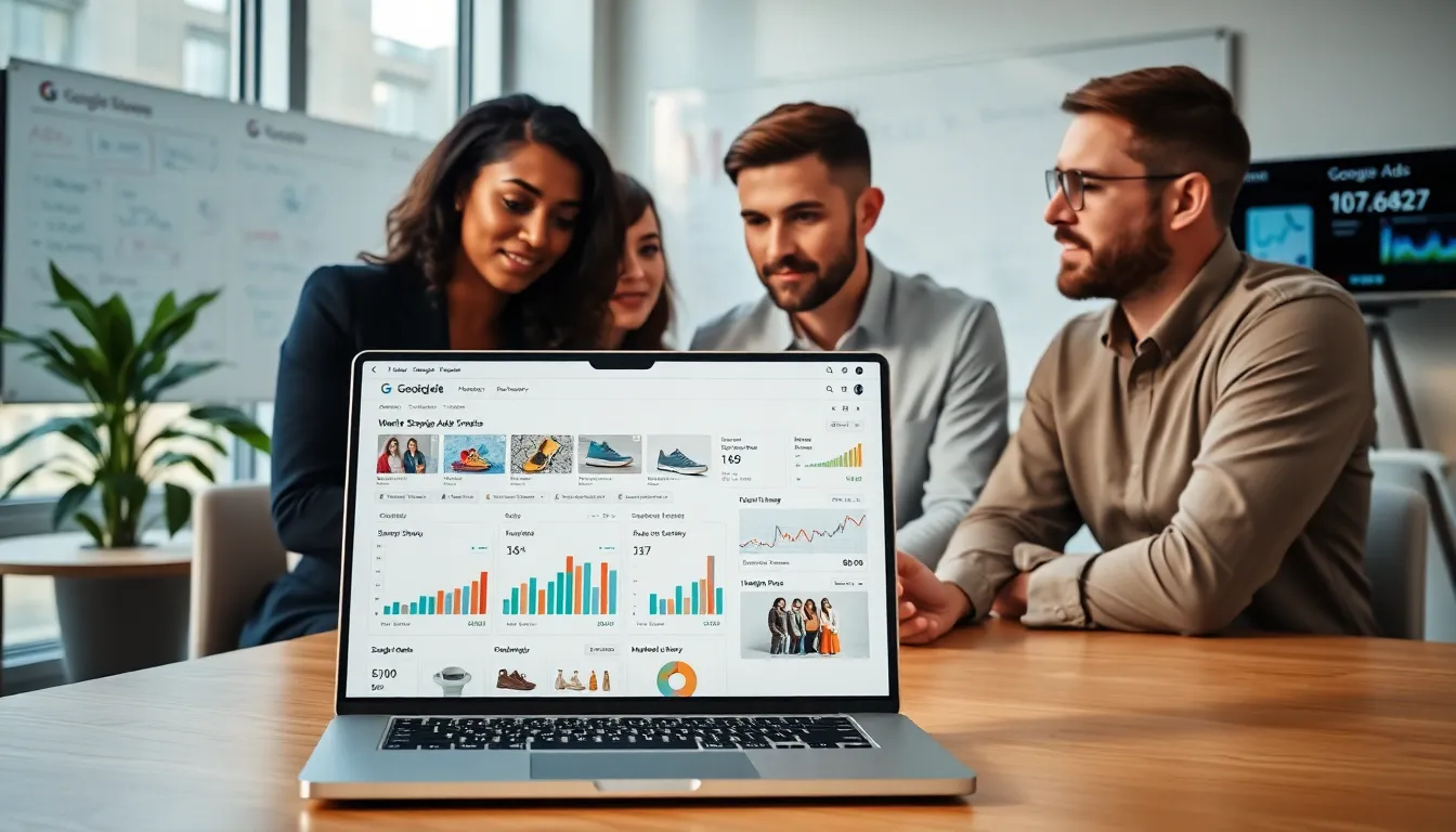 professionals analyzing smart shopping ads data in a modern office