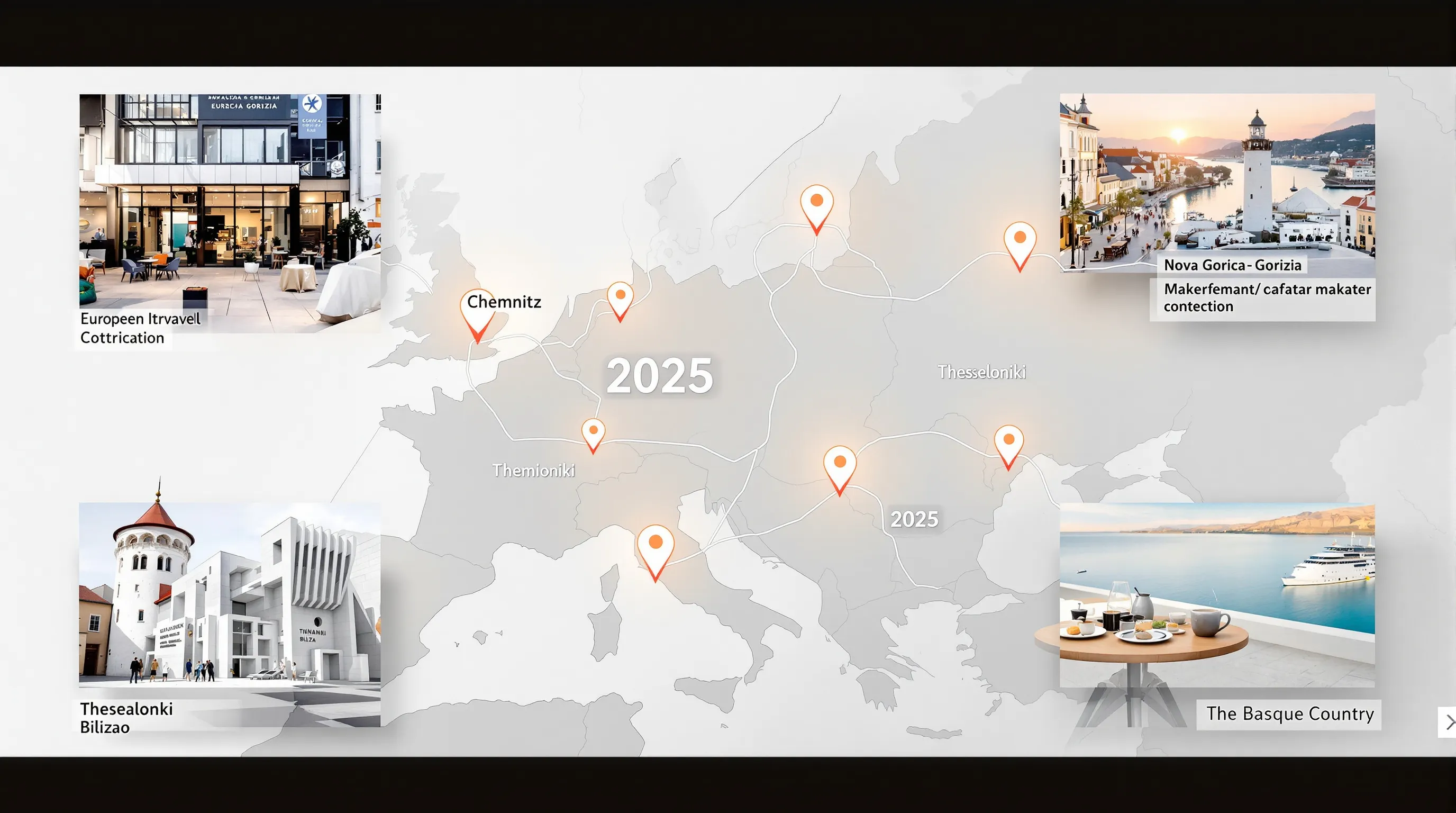 Minimalist map with 2025 pins for Chemnitz, Nova Gorica/Gorizia, Thessaloniki, Basque Country.