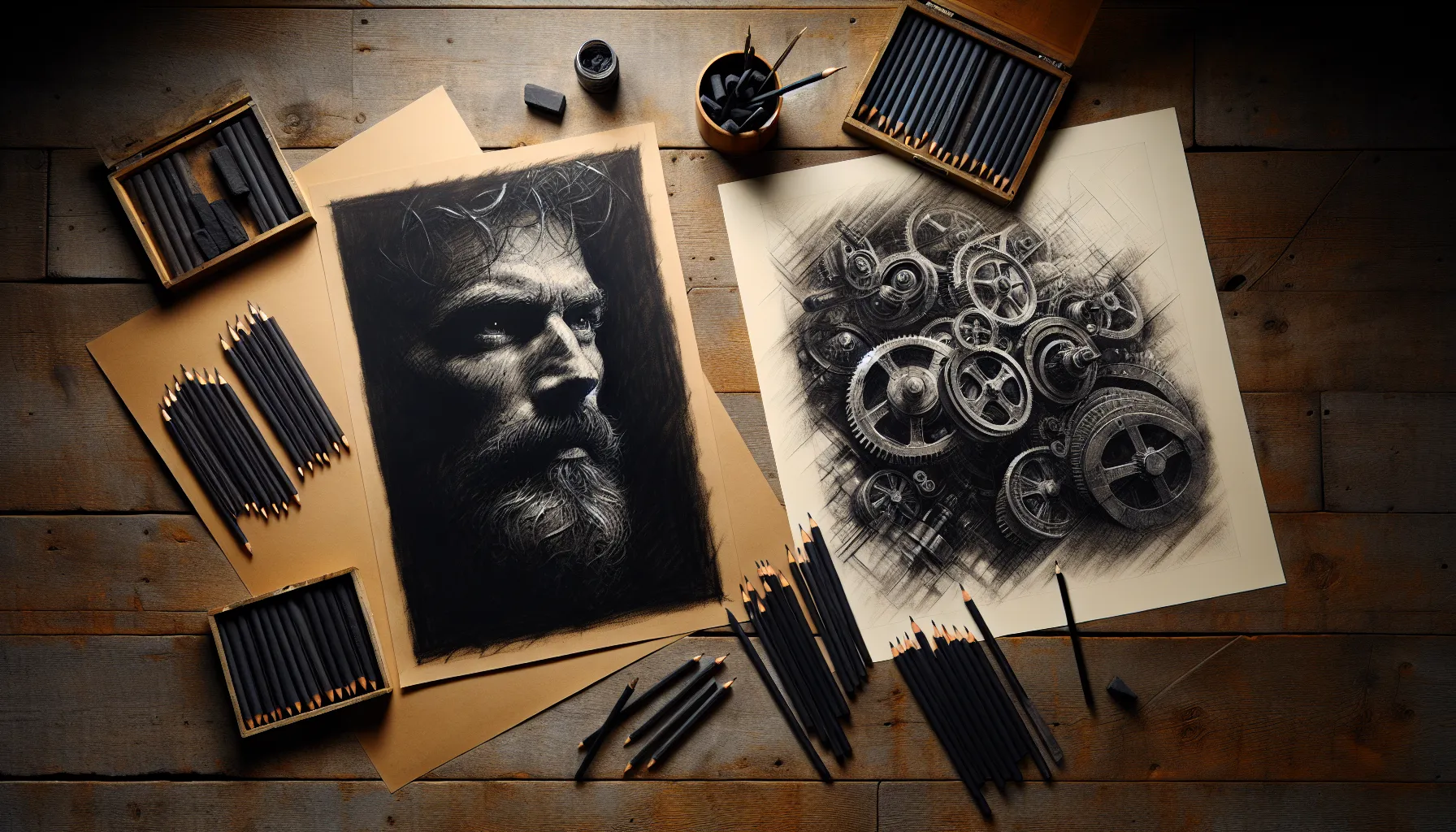A workspace comparing charcoal and graphite art mediums with example sketches and tools.
