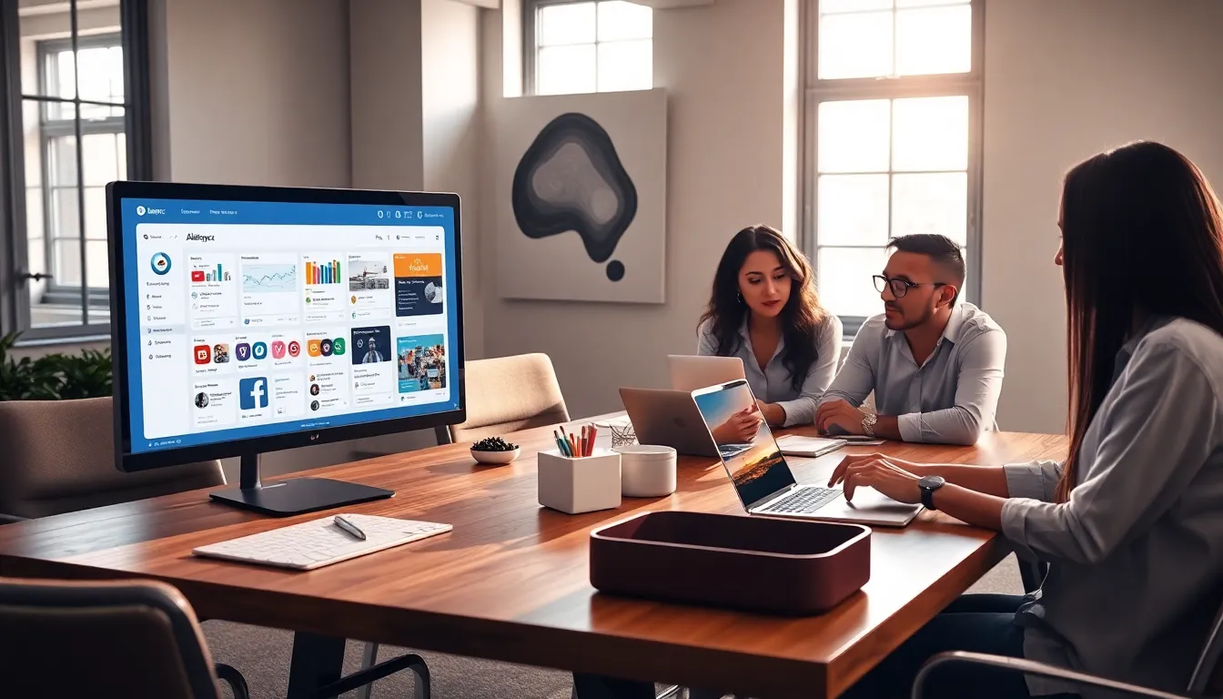 a modern team collaborating using the Aliensync app for social media management.