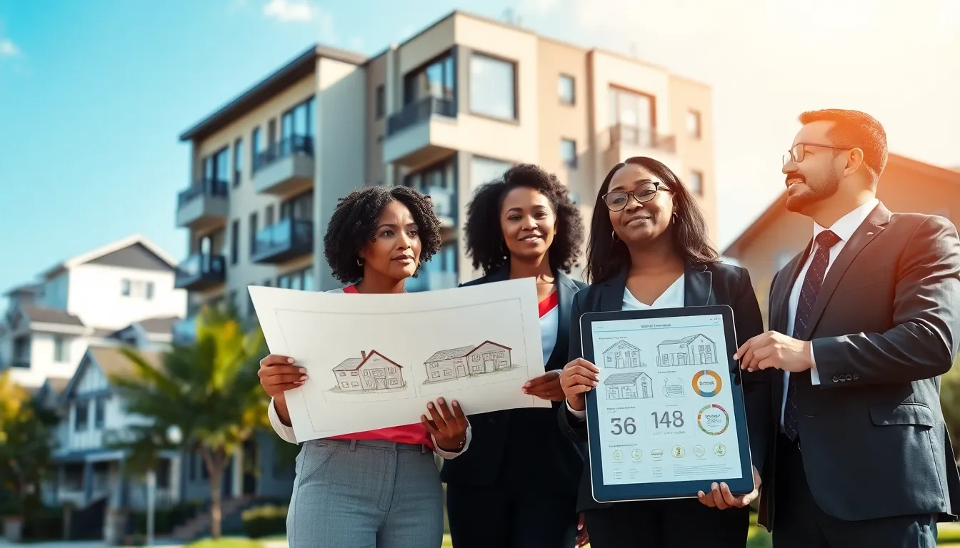 professionals discussing affordable housing in an urban setting.