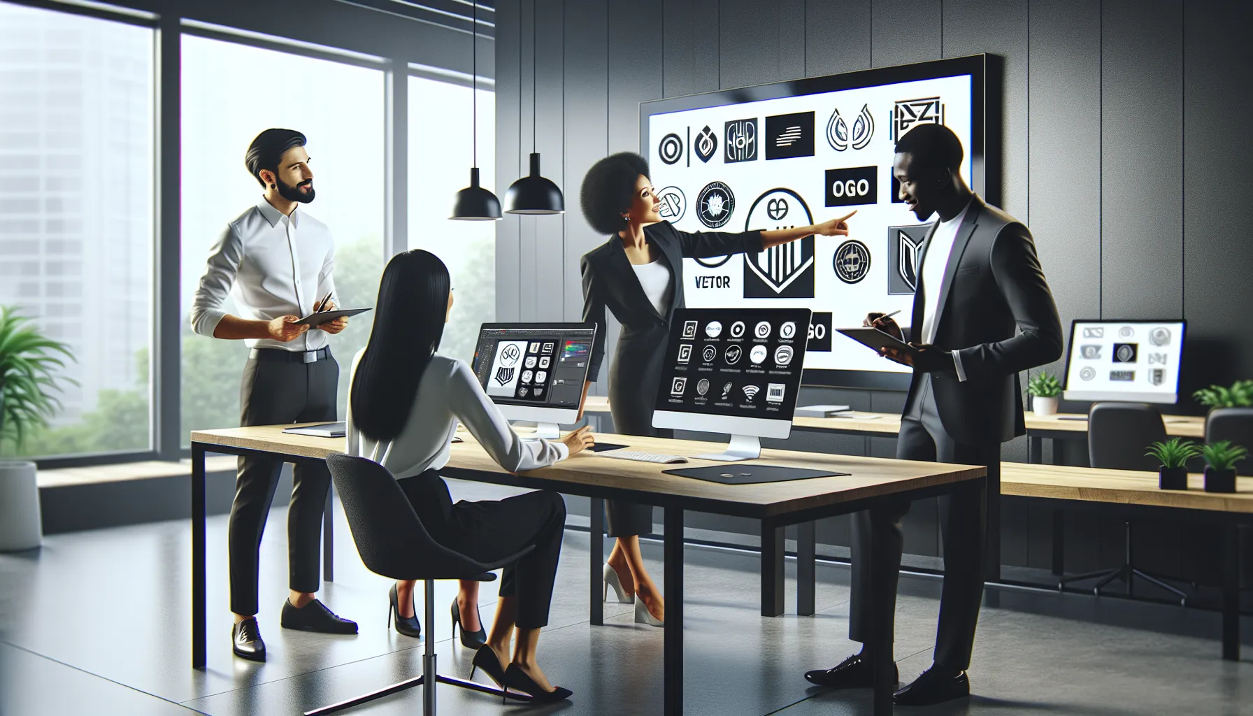 diverse team discussing logo formats in a modern office.