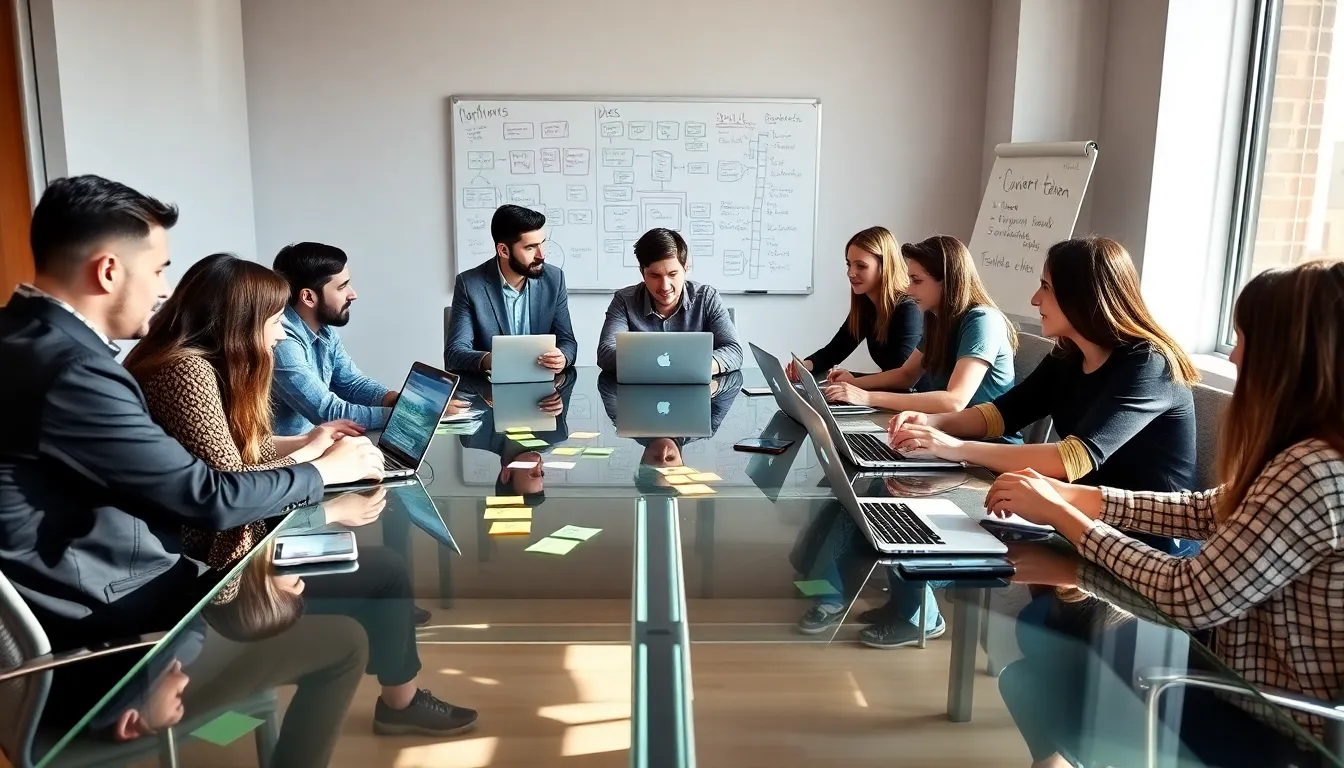 diverse team collaborating on startup software development in a modern office.