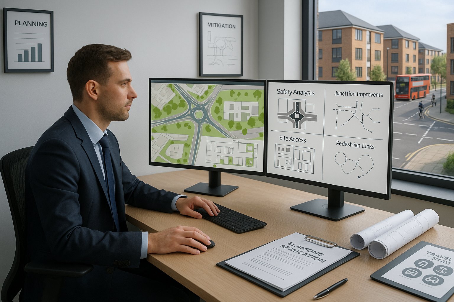Transport consultant reviewing development traffic plans in a modern UK office.