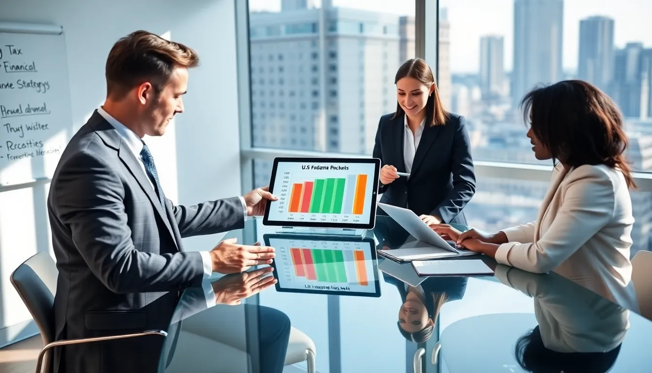 diverse financial advisors discussing federal income tax strategies in a modern office.