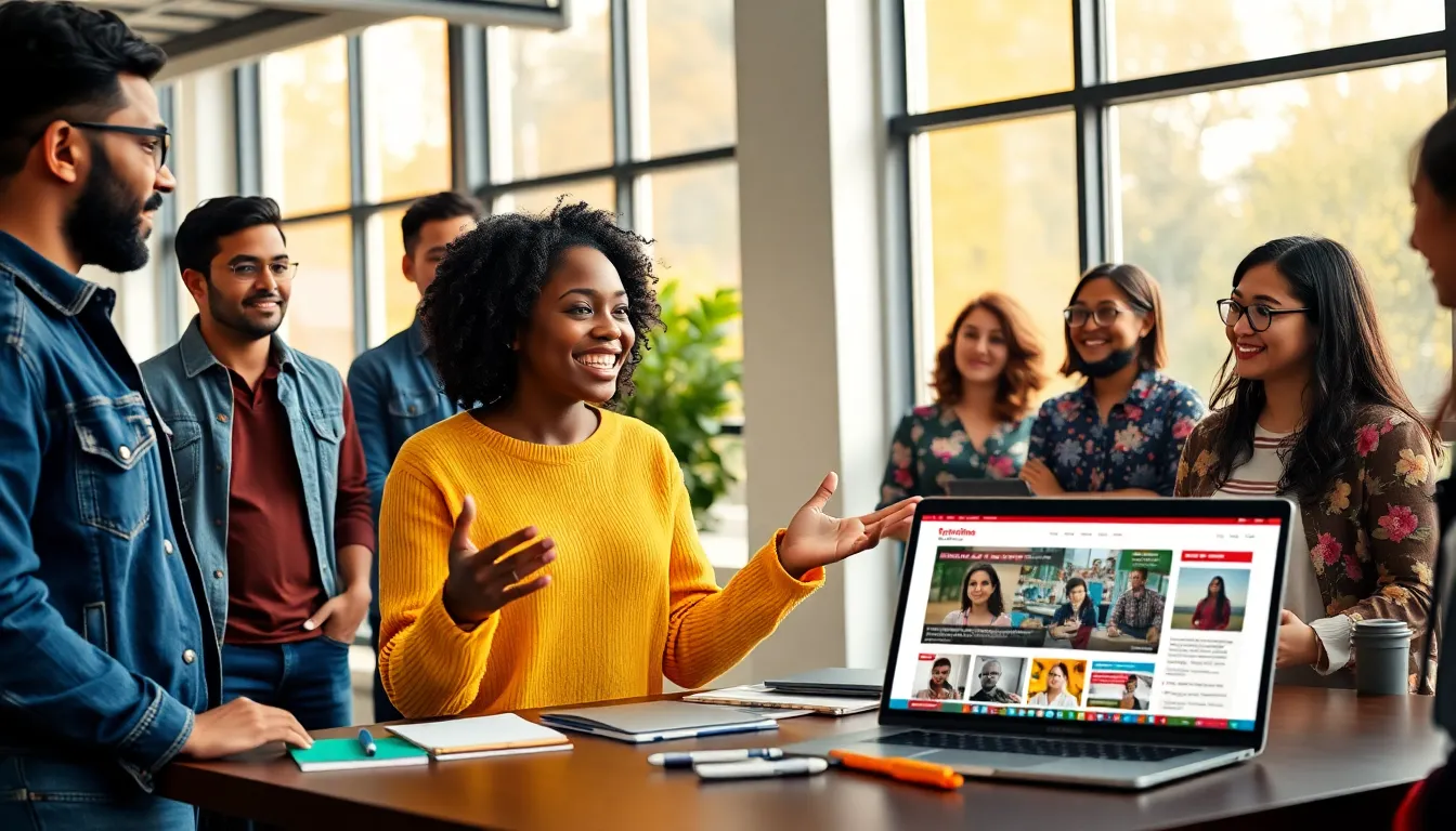 diverse individuals collaborating in a vibrant workspace for Redwebzine.org