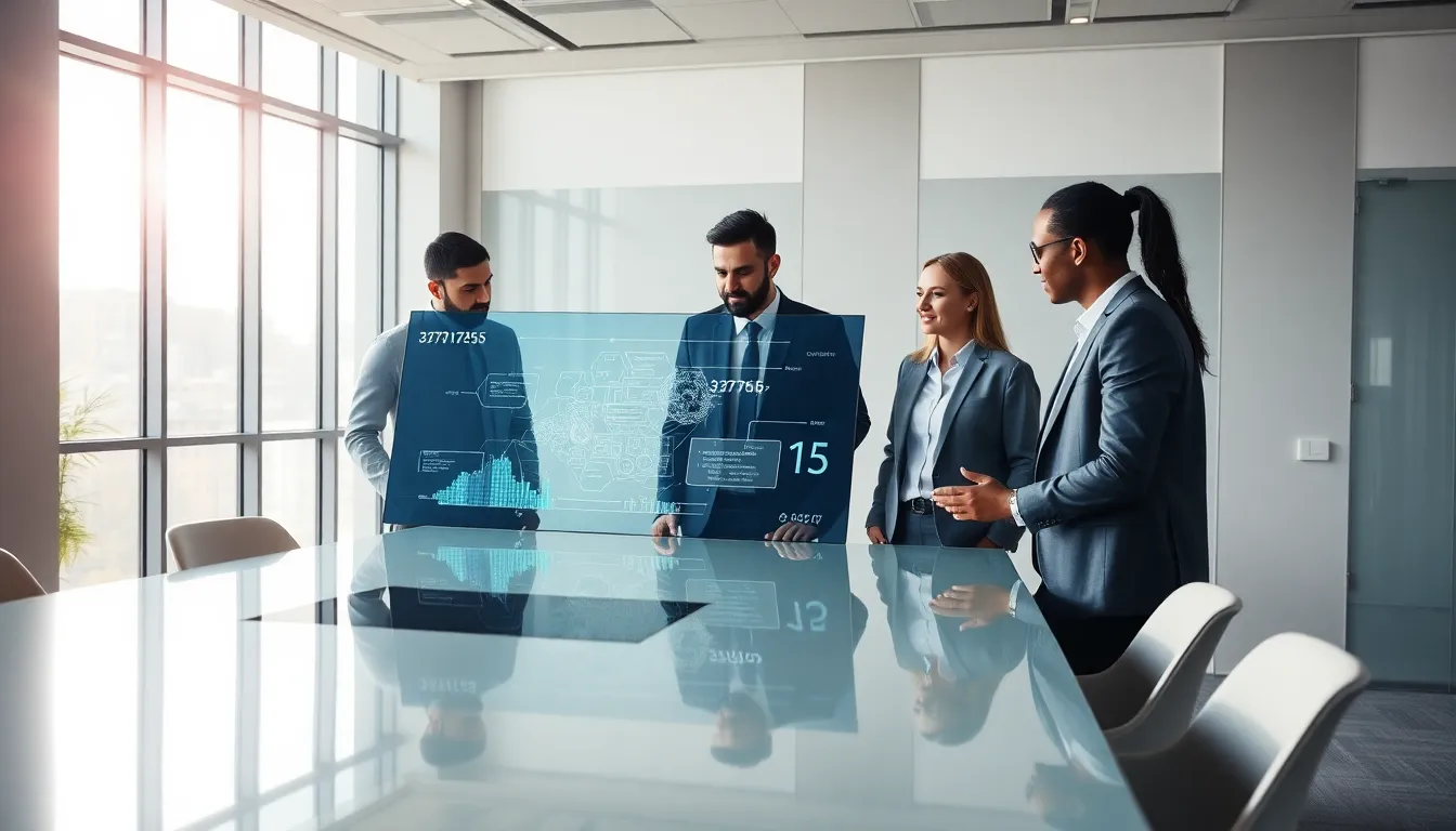 diverse professionals collaborating in a modern office around digital data displays.