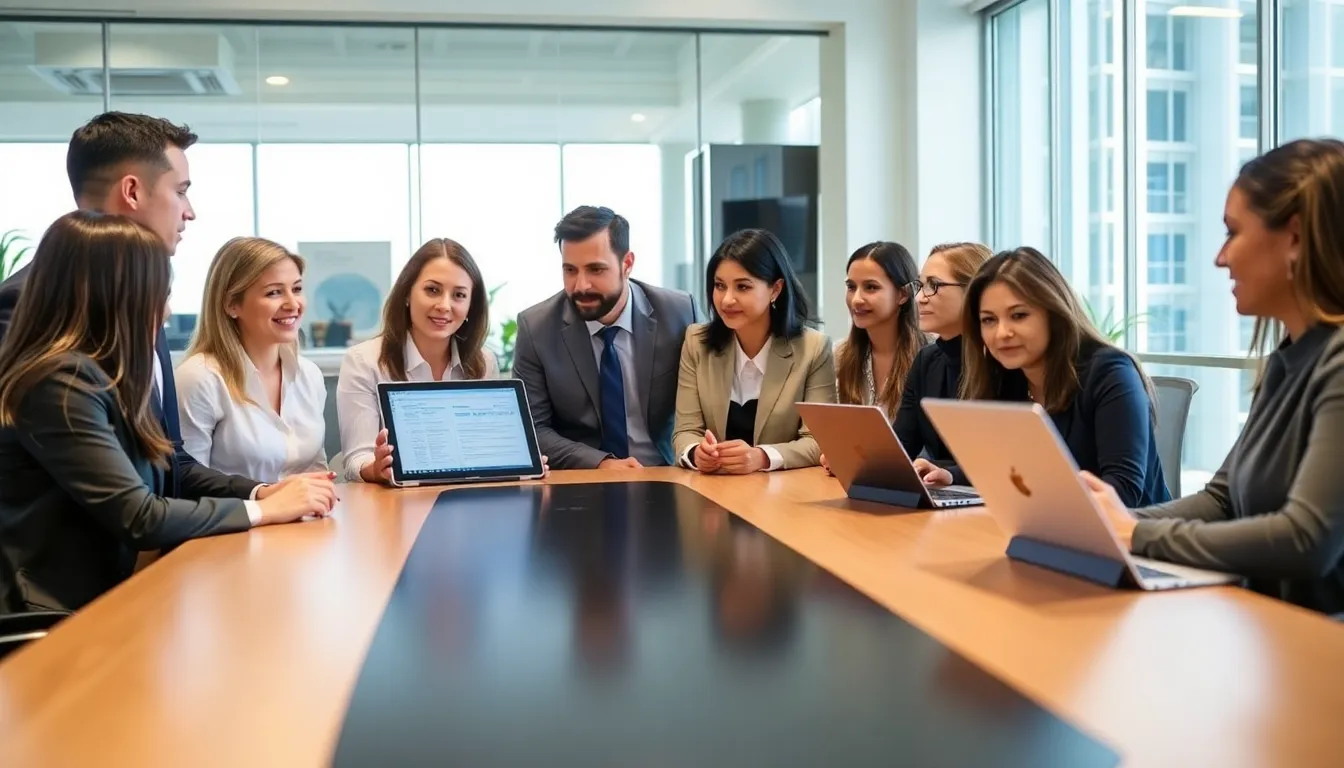 diverse professionals discussing tenant rights in a modern office.