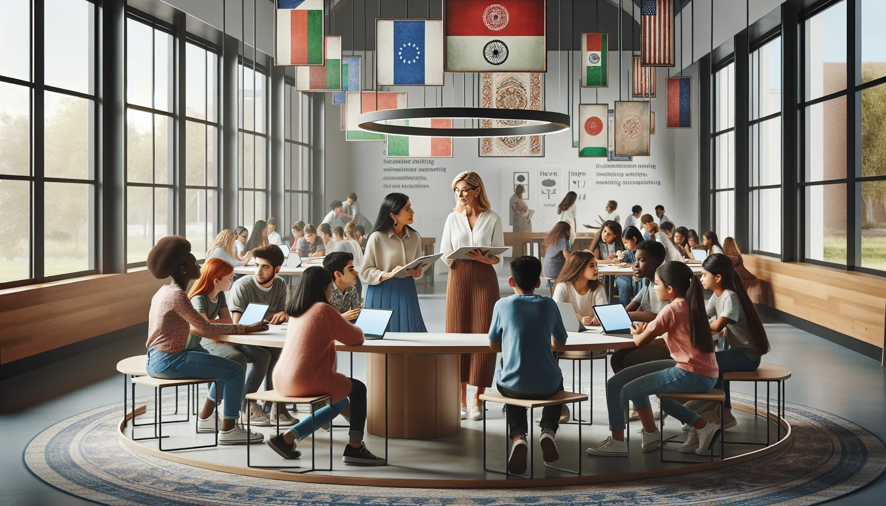 diverse students collaborating in a modern classroom setting.