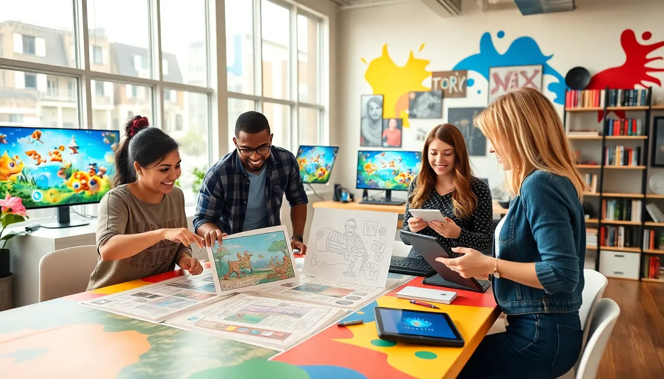 A diverse game development team brainstorming in a vibrant studio.