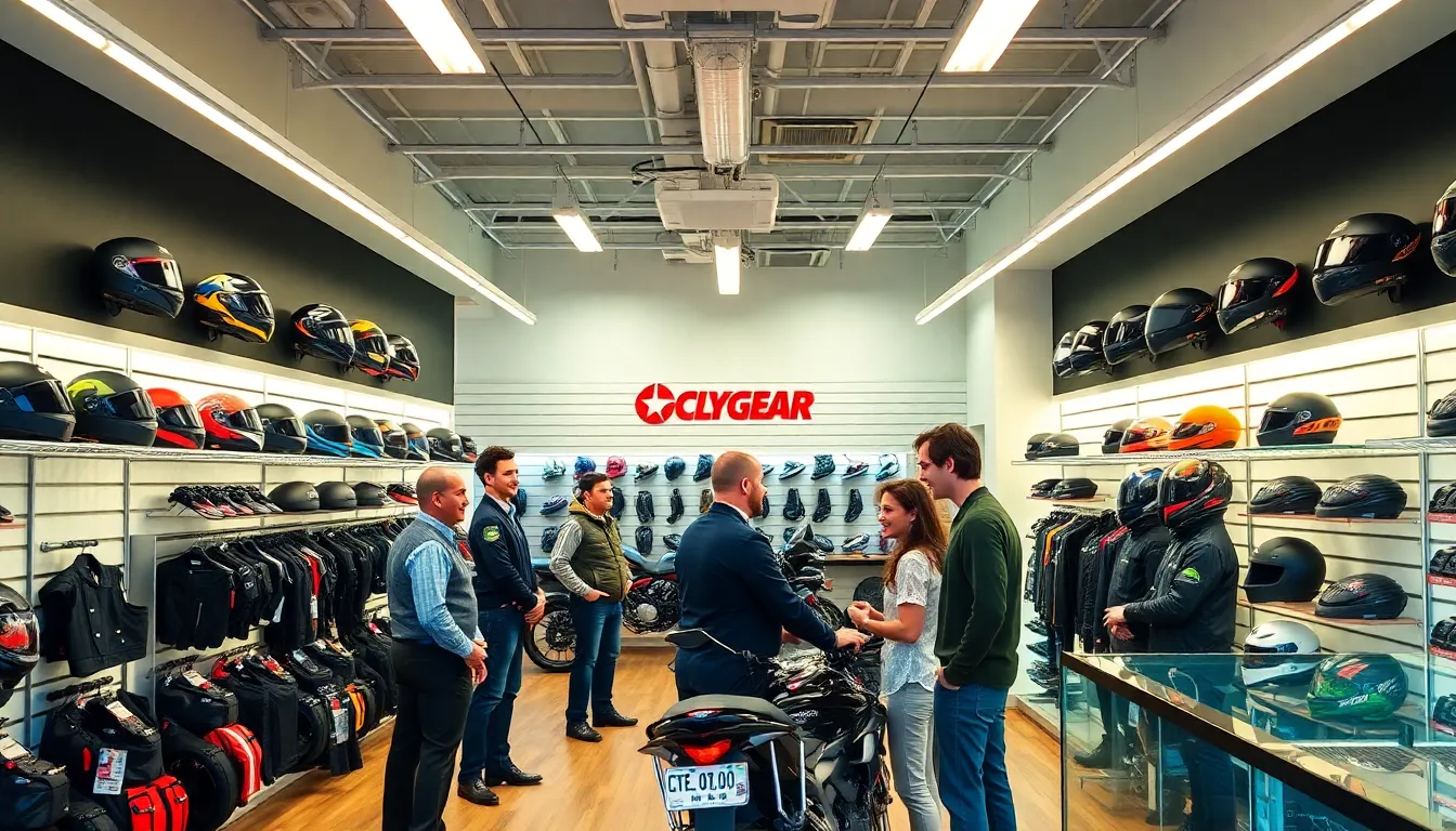 interior of Cycle Gear store with diverse staff and motorcycle gear.