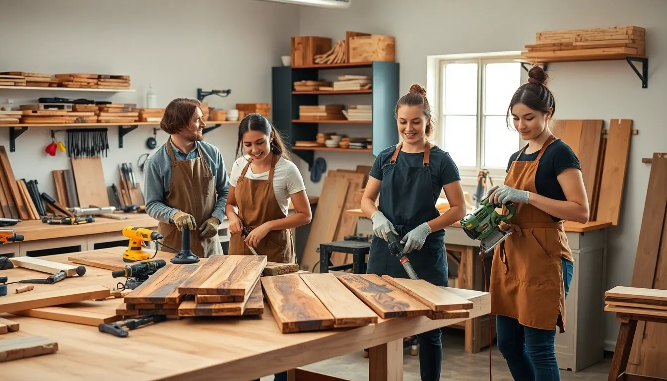 diverse individuals working on DIY wood projects in a workshop.