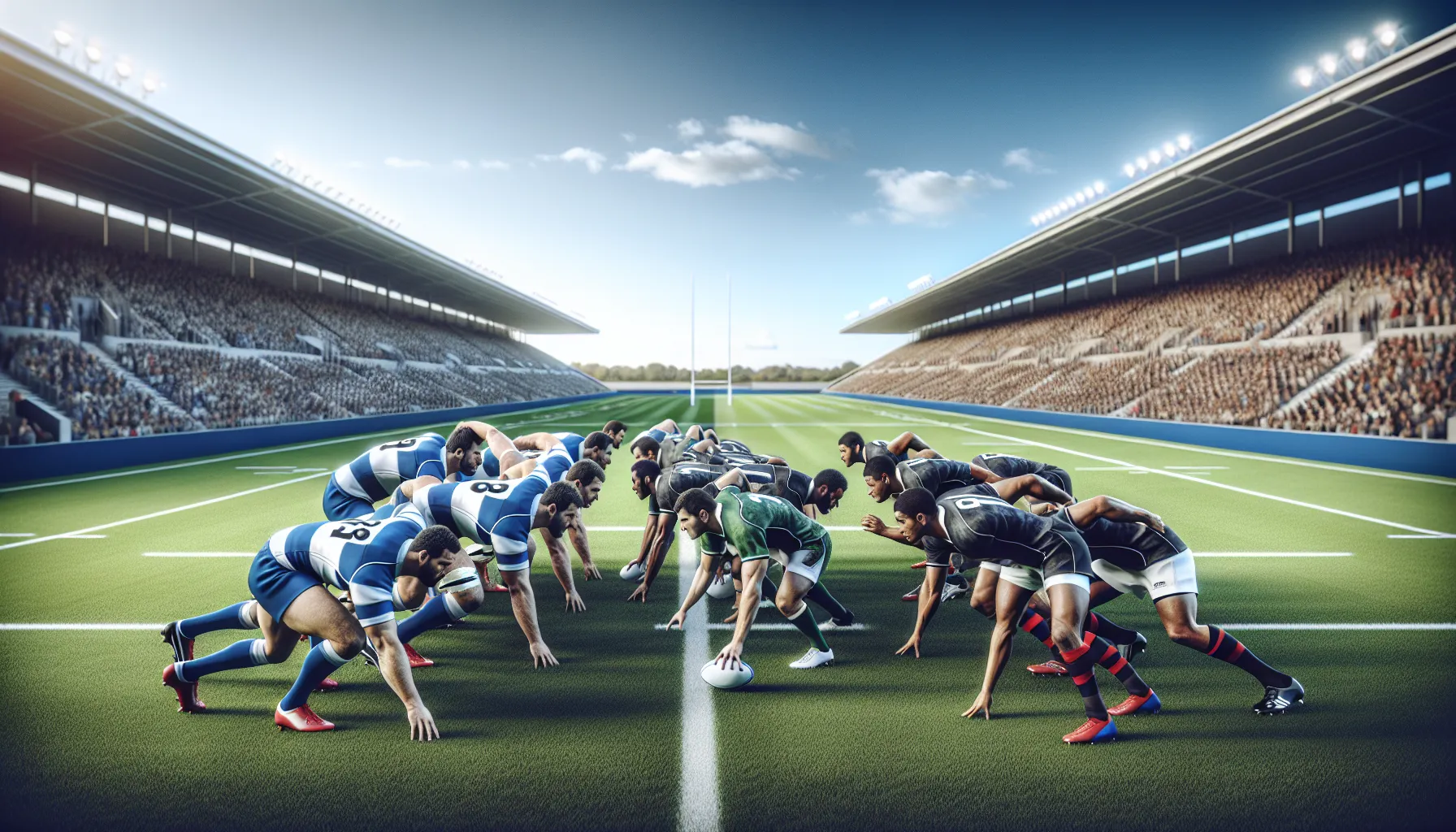 A visual comparison of Rugby Union and Rugby League gameplay on a sports field.