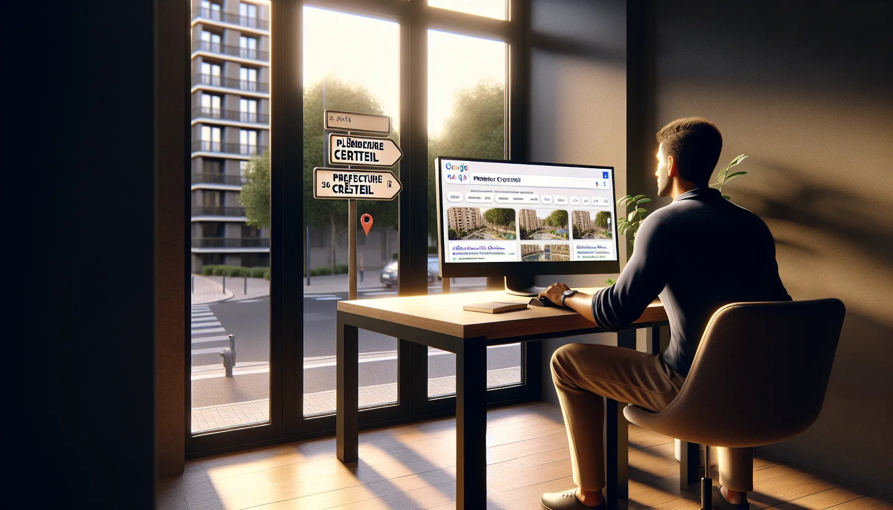 Local Créteil business owner viewing top Google search ranking on office computer.