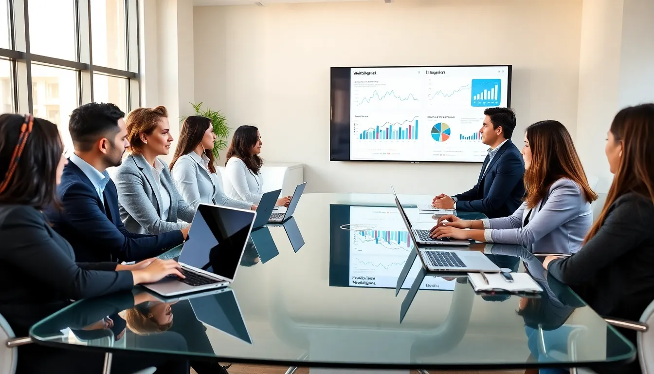 diverse team collaborating on WebBizMagnet software in a modern office.
