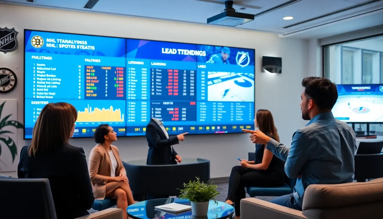 professionals analyzing NHL standings in a modern sports analysis room.