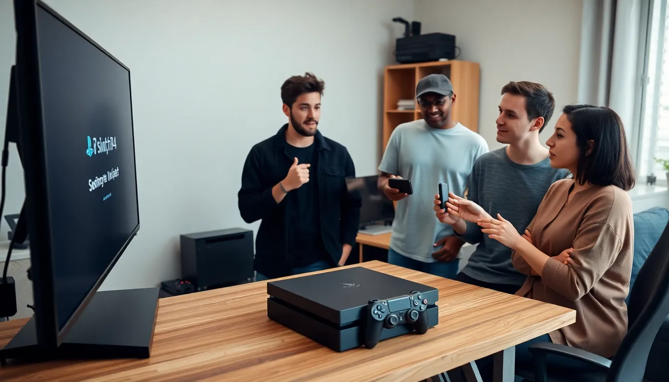 diverse group discussing a PS4 update in a cozy home office.