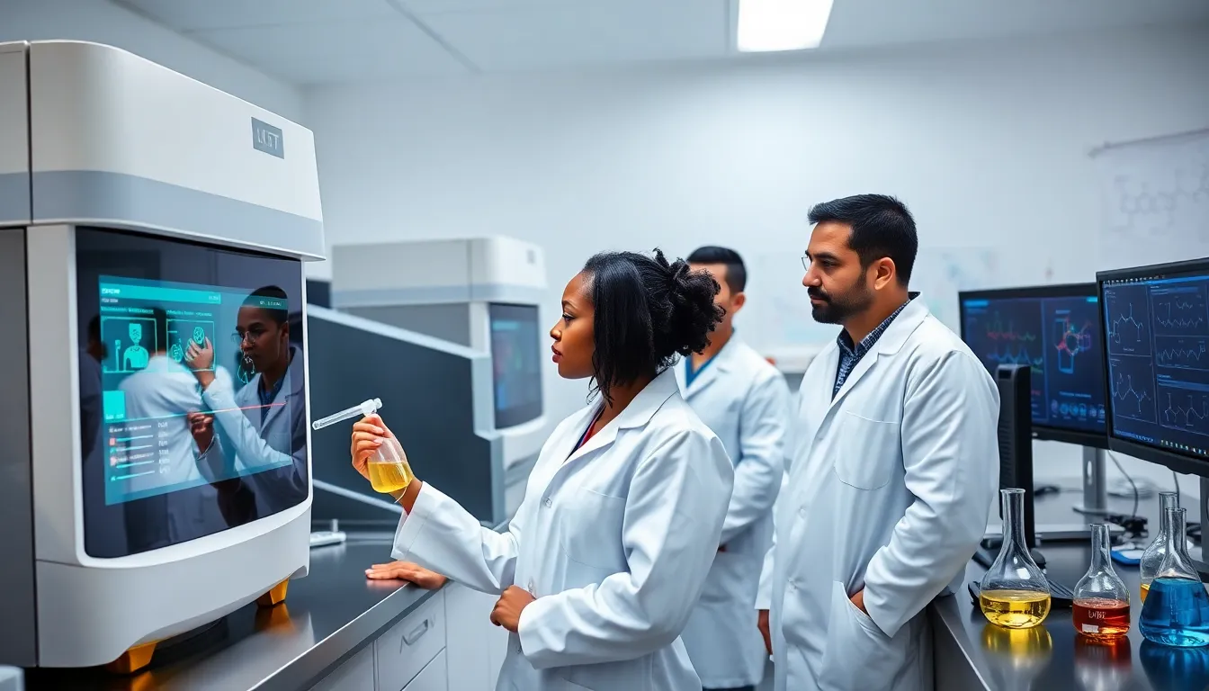 scientists researching Bpac1672 in a modern laboratory.