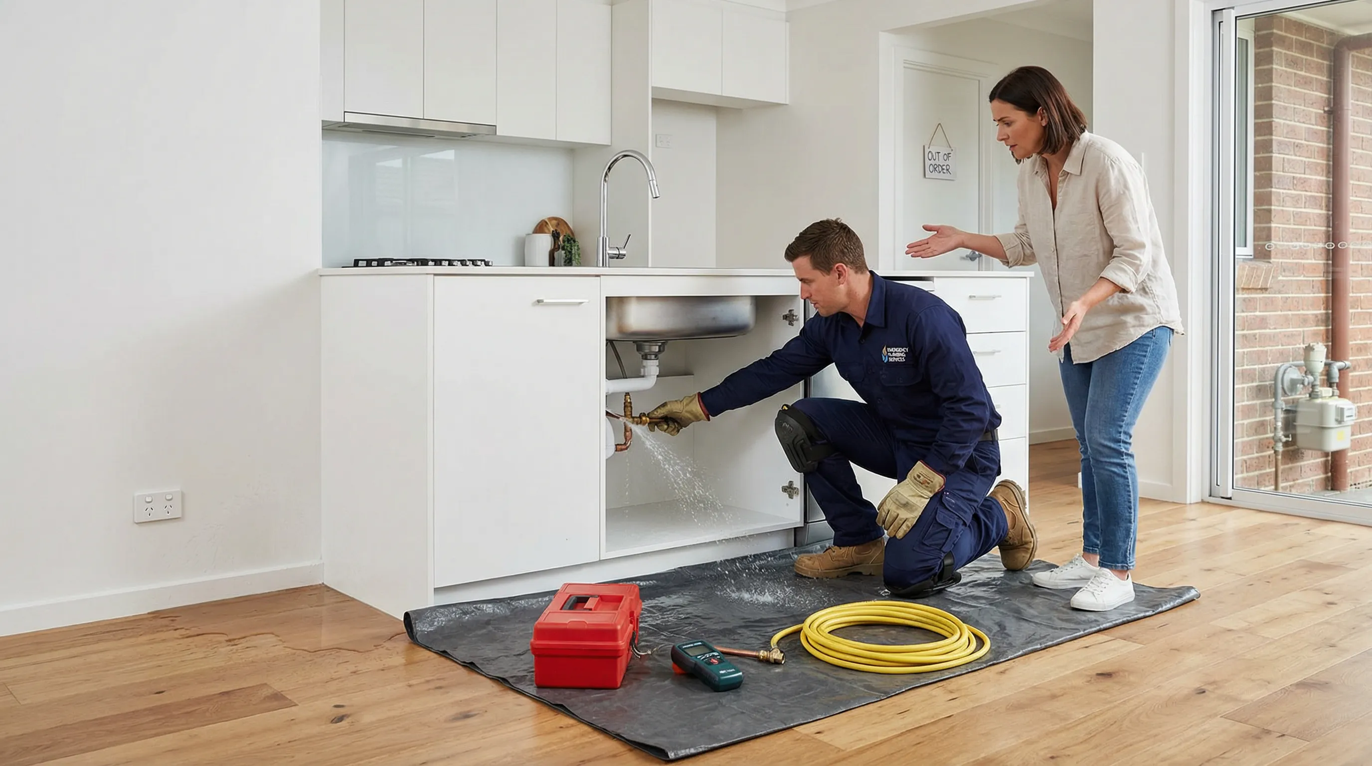 Emergency plumber shutting off a burst pipe in a Brisbane home kitchen.